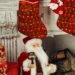 A cozy Christmas scene featuring Santa and festive stockings by a fireplace.